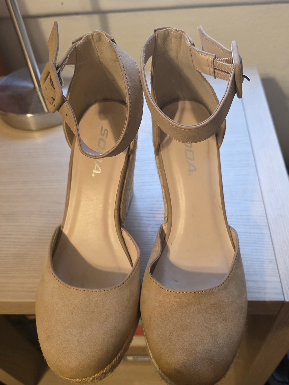 SODA Beige/Tan Espadrille Ankle Strap Wedge Sandals